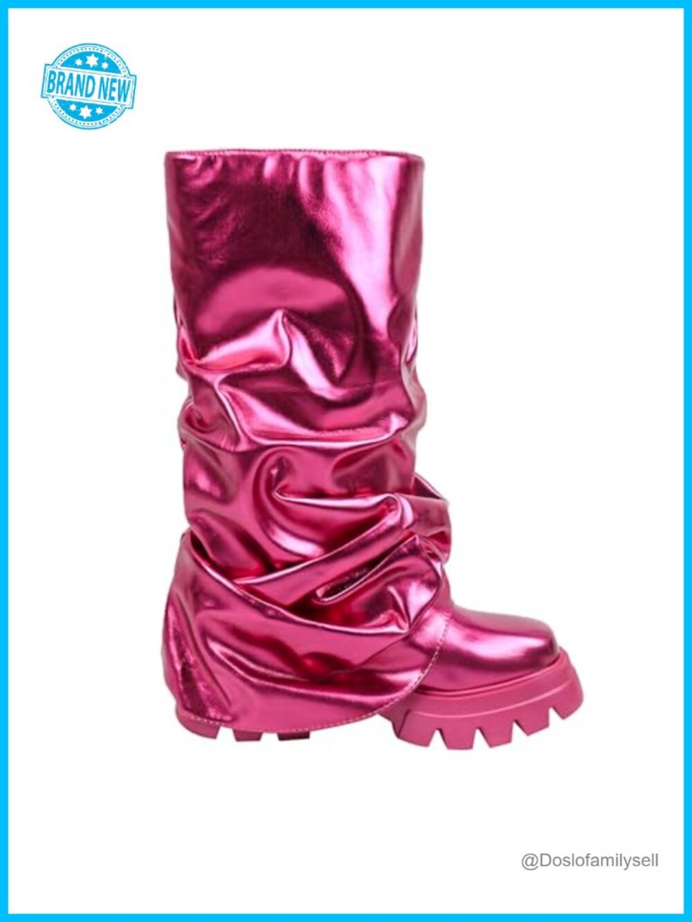 Wide Calf Metallic Faux Leather Mid Calf Pull-On Boots Ruched Foldover Platform